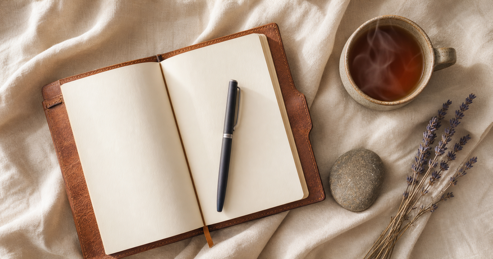 Flat lay of an open leather journal with pen, steaming mug of tea, smooth river stone, and dried lavender on cream linen in warm terracotta tones.